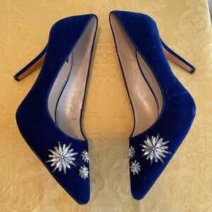 White House Black Market Navy Velvet Pointed-Toe Pumps with Crystal Brooches